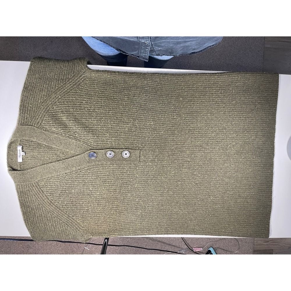 Wool Blend Madewell Sweater Dress W/ S Olive Green Ribbed Henley Knit used - Picture 5 of 11